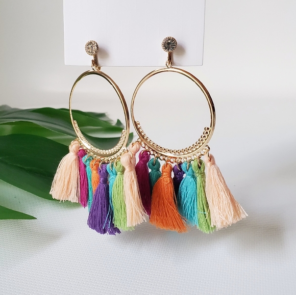 fringe tassel hoop dangling Earrings Jewelry - Clip On Tassel Lightweight Earrings Multicolored